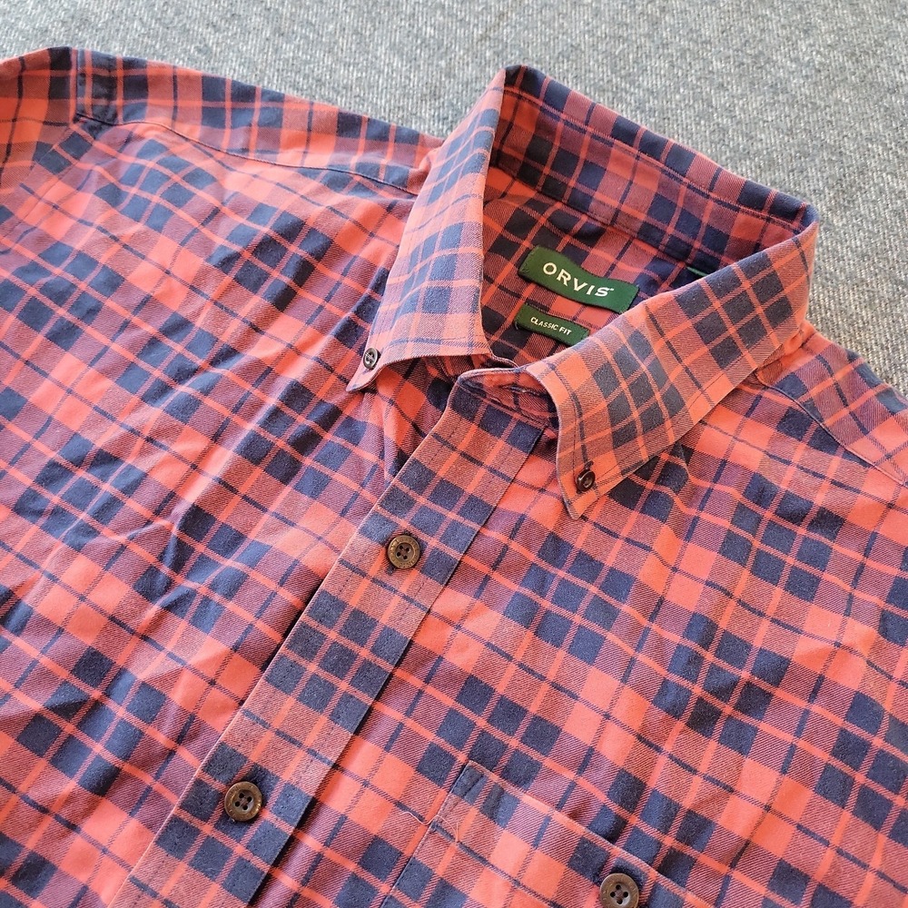 Orvis Signature Twill Shirt Men's Large Red Check Plaid Flannel Button Down